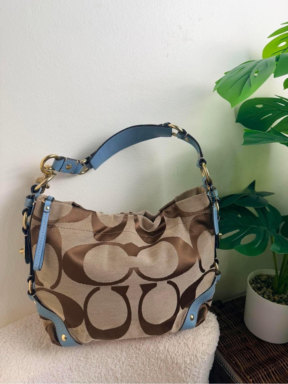 Coach Khaki and Brown Signature Canvas Hobo with Blue Trim